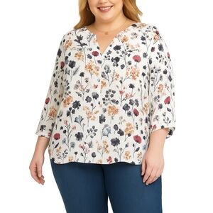 NYDJ Pintuck Blouse | Size 1X | 3/4 Sleeve Dark Floral Print | Perfect For Fall